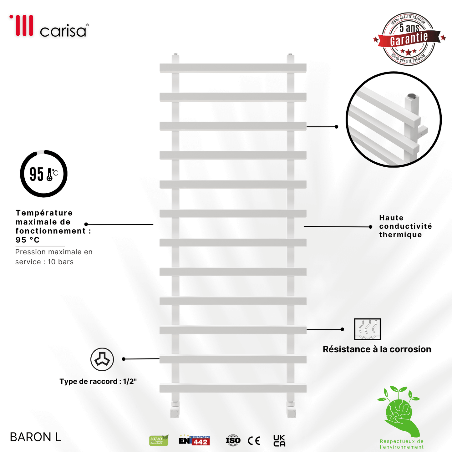 Scaldasalviette Carisa Baron L in Alluminio Design Moderno Bianco