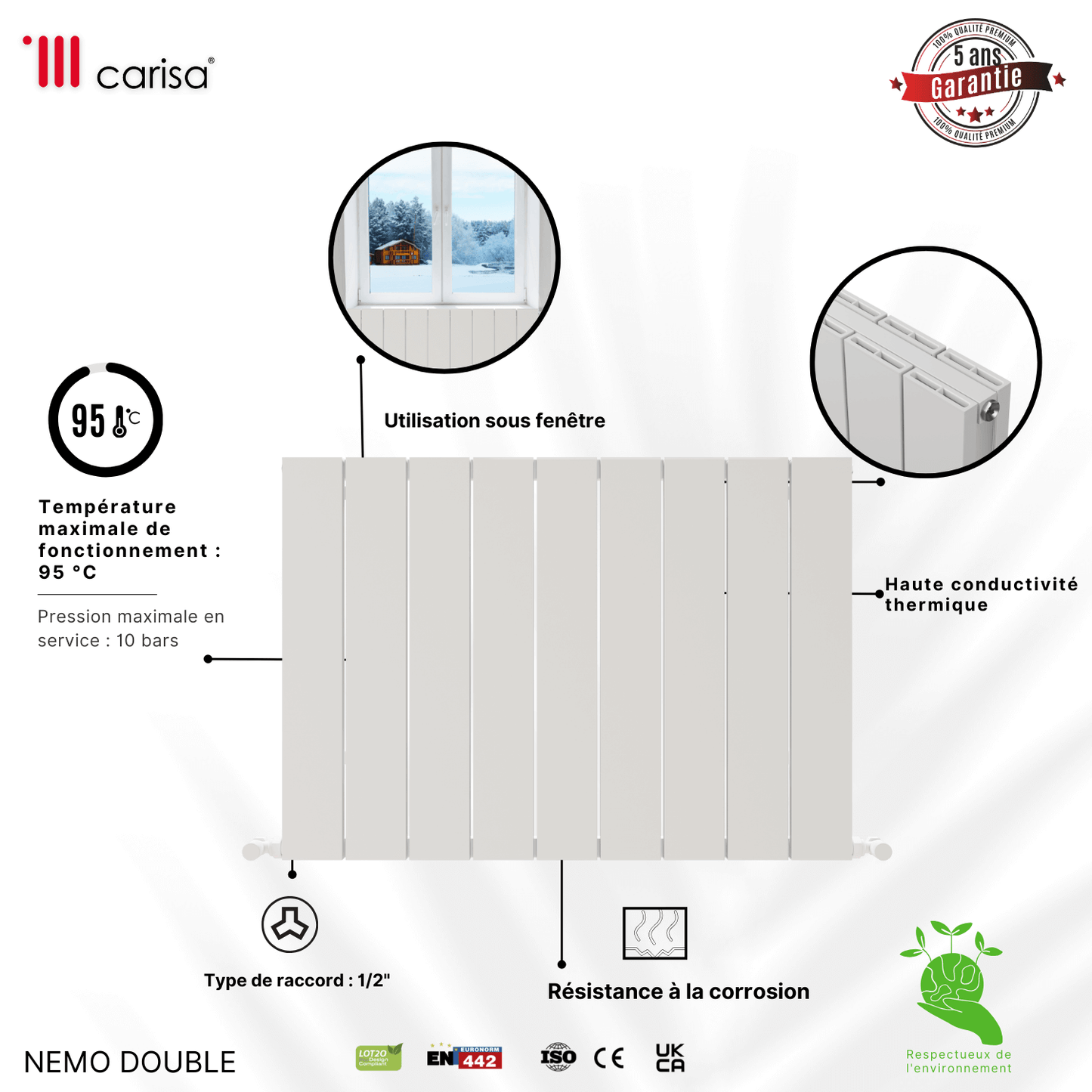 Carisa Nemo Termoarredo Orizzontale in Alluminio Design Moderno Bianco