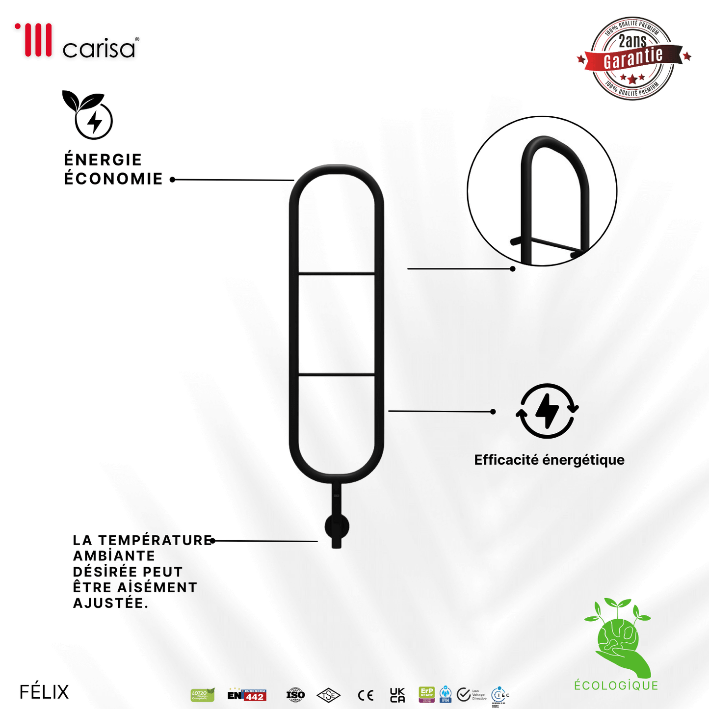Carisa Felix Sèche-Serviette Électrique Design Moderne Noir Mat
