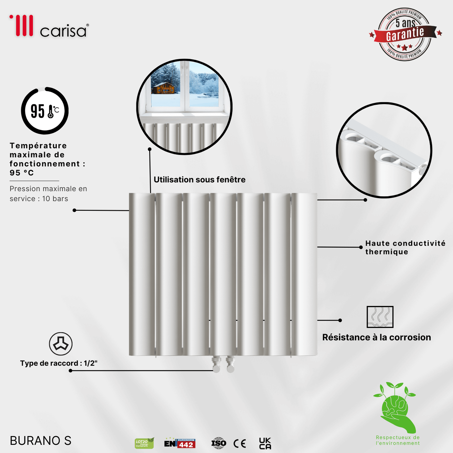 Termoarredo Orizzontale Carisa Burano S in Alluminio Design Moderno Bianco