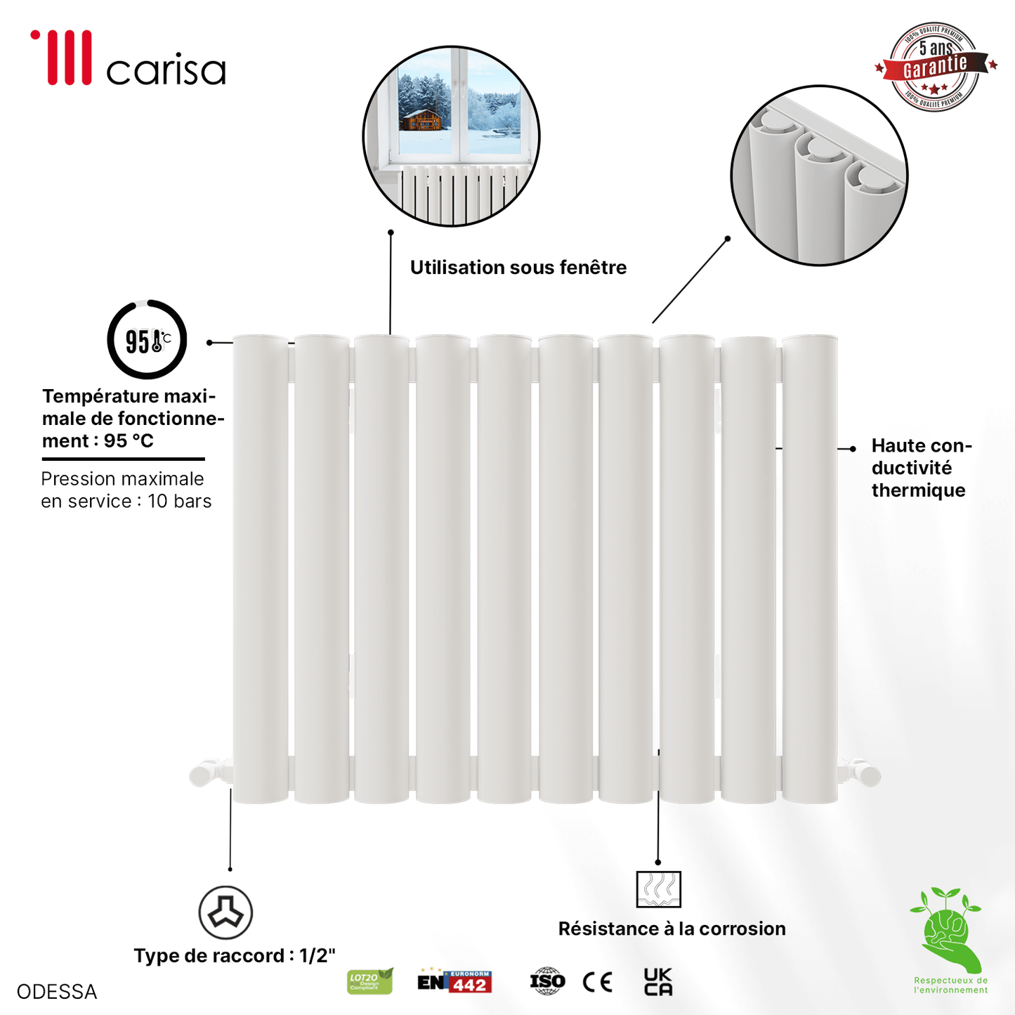 Carisa Odessa Termoarredo Orizzontale in Alluminio Design Moderno Bianco