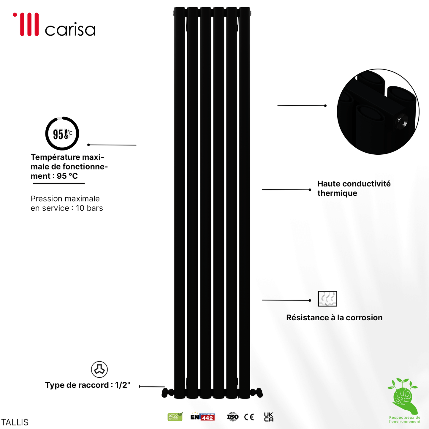 Carisa Tallis Termoarredo Verticale in Alluminio Design Moderno Nero