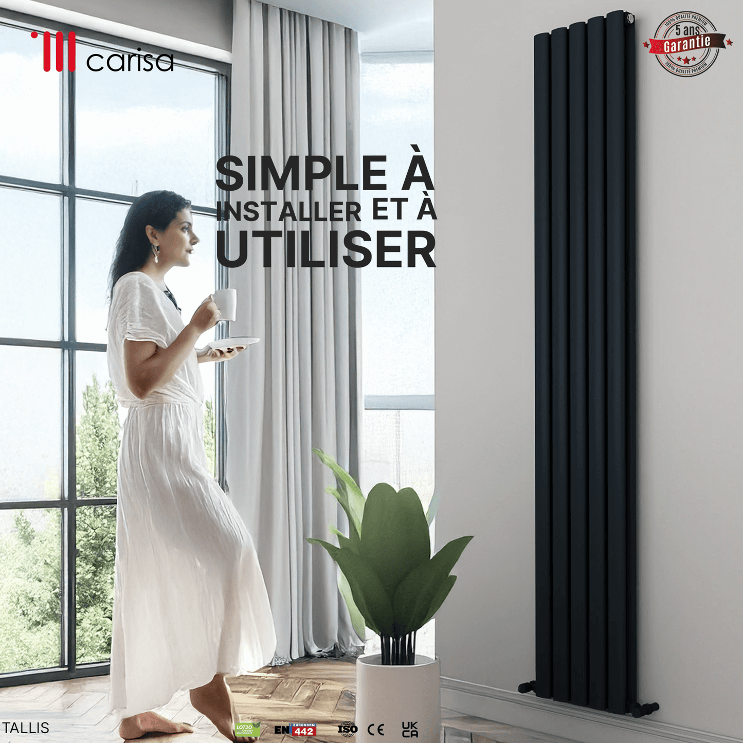 Carisa Tallis Termoarredo Verticale in Alluminio Design Moderno Nero