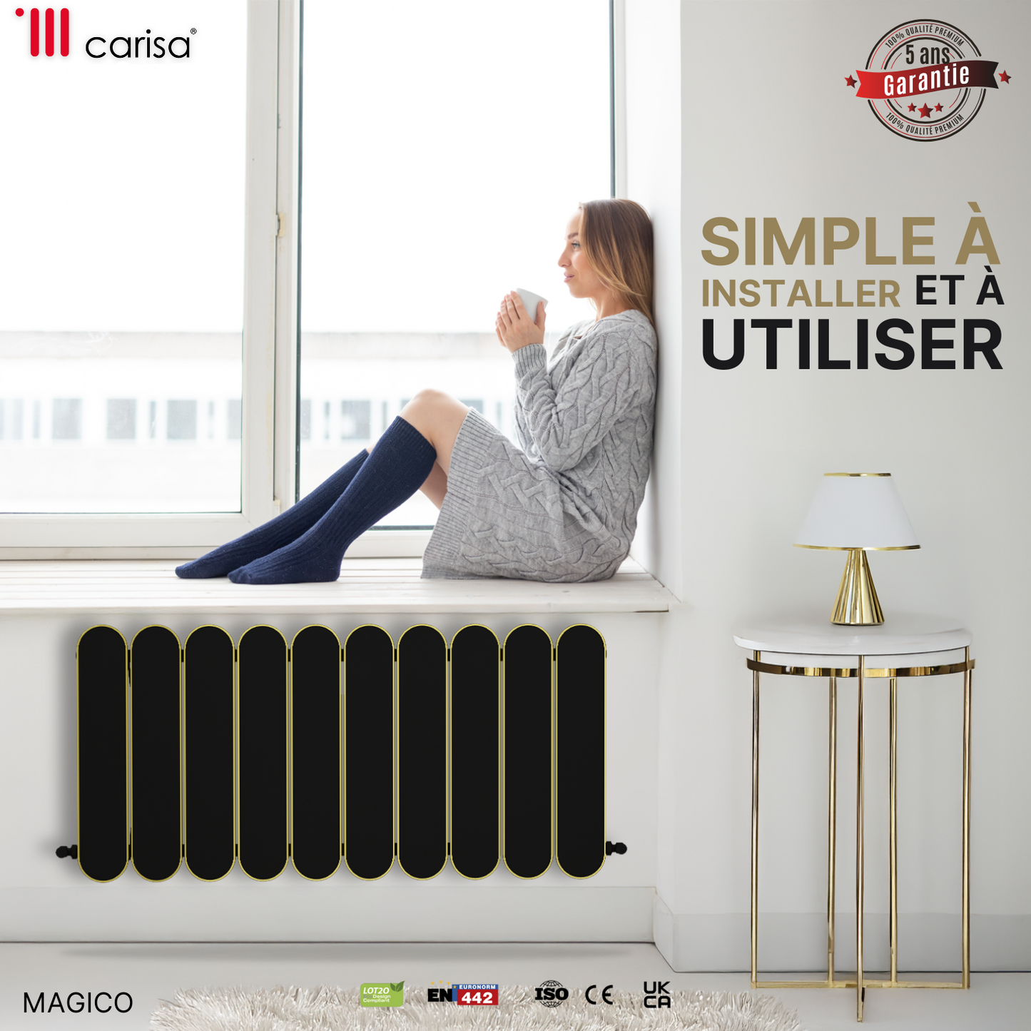 Carisa Magico Termoarredo Orizzontale in Alluminio Design Moderno Nero