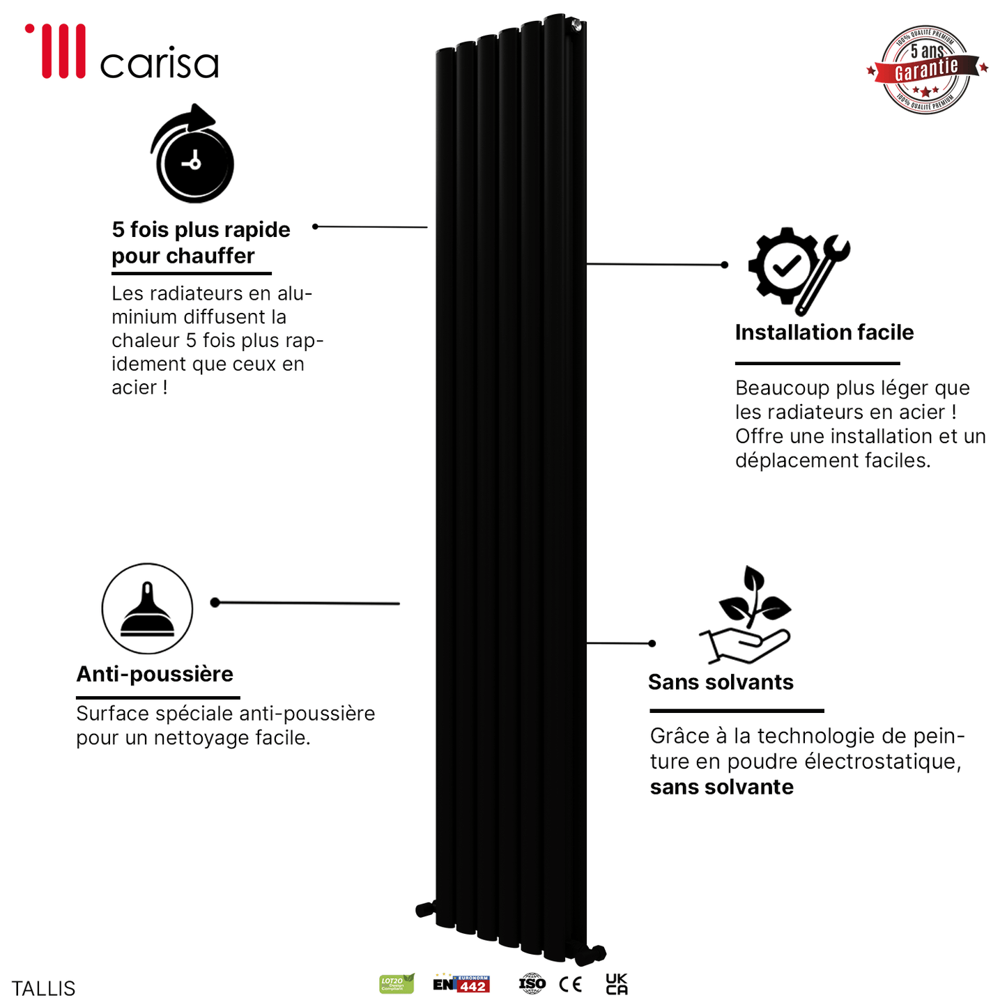 Carisa Tallis Termoarredo Verticale in Alluminio Design Moderno Nero