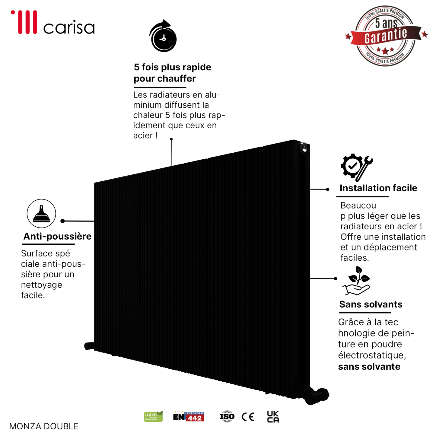 Radiatore Orizzontale Carisa Monza in Alluminio Design Moderno Nero