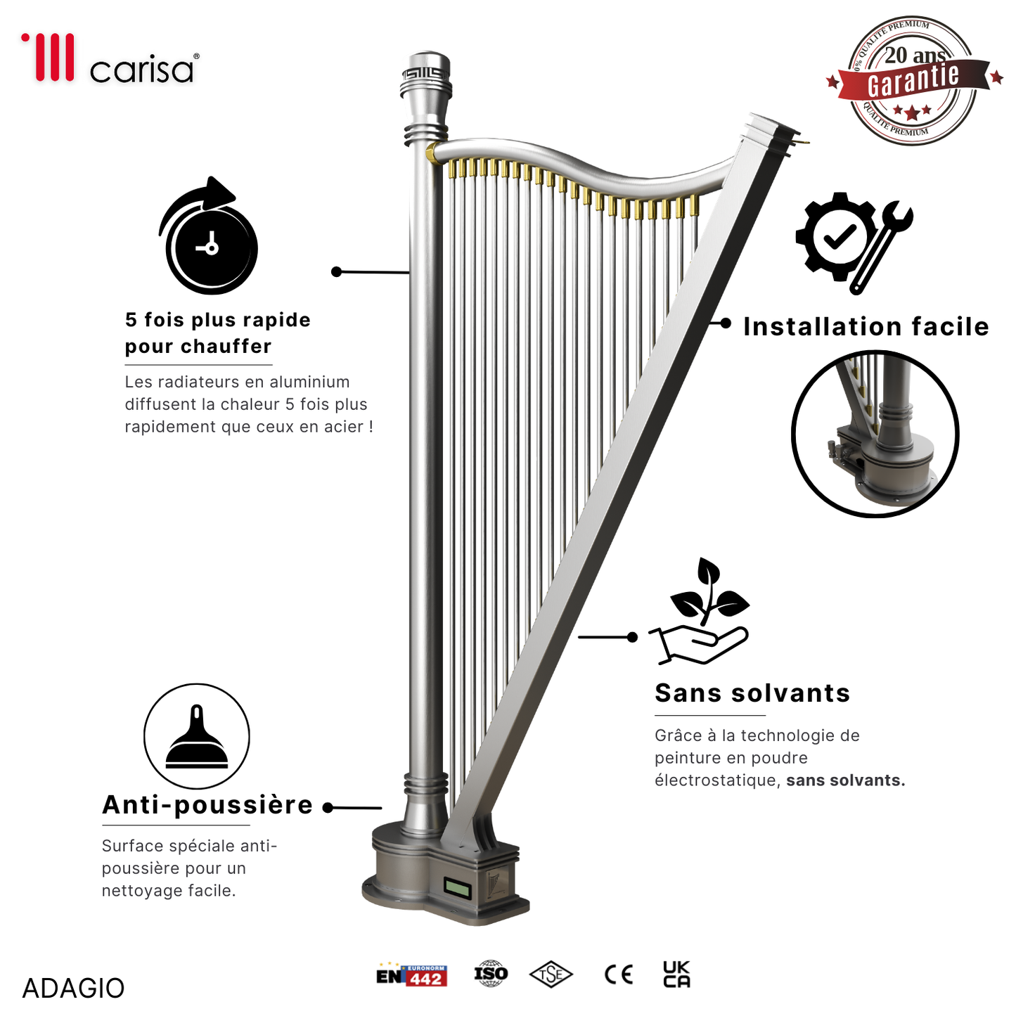 Carisa Adagio Termoarredo Verticale in Acciaio Inox Design Moderno Satinato Lucido