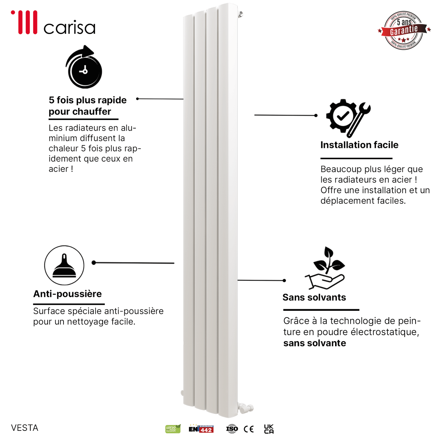 Carisa Vesta Termoarredo Verticale in Alluminio Design Moderno Bianco