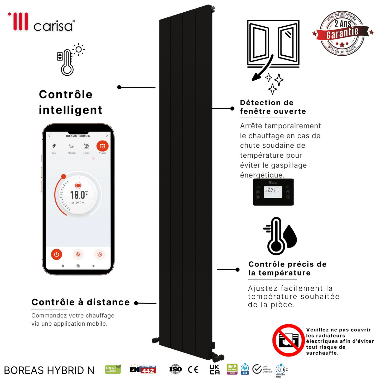Carisa Boreas Hybrid N Termoarredo Elettrico Verticale Design Moderno Nero