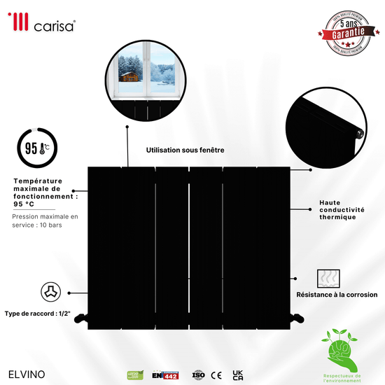 Carisa Elvino Termoarredo Orizzontale in Alluminio Design Moderno Nero 