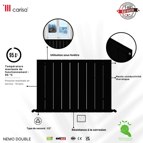Carisa Nemo Termoarredo Orizzontale in Alluminio Design Moderno Nero 
