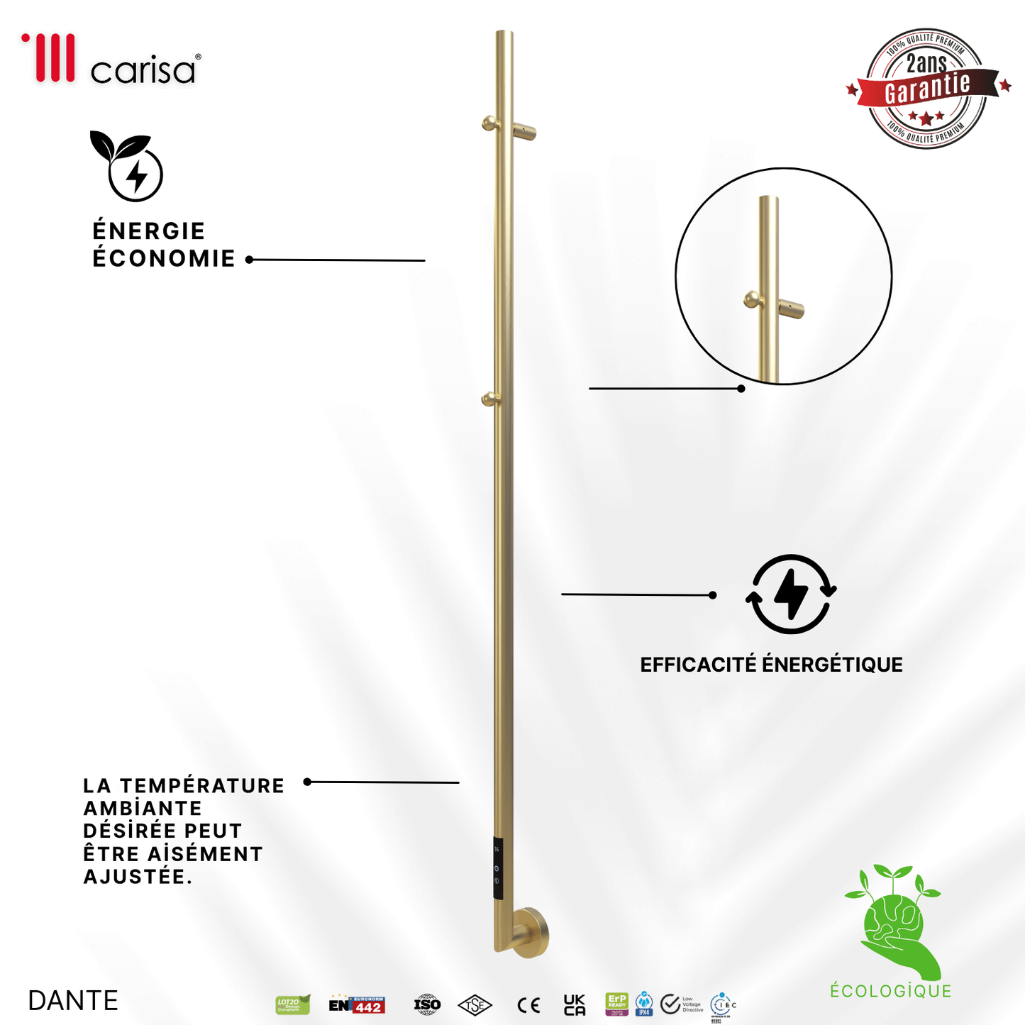 Carisa Dante Sèche-Serviette Électrique Design Moderne Laiton Anodisé Brossé