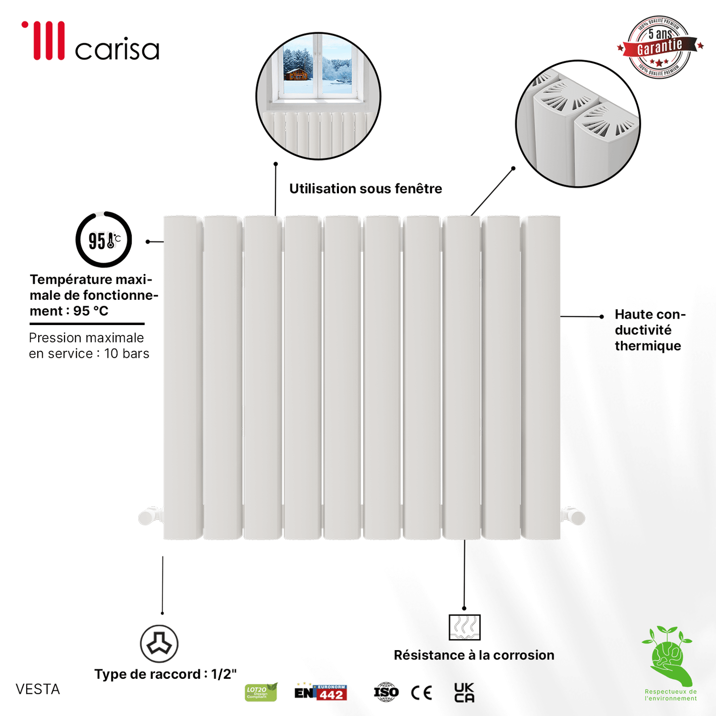 Carisa Vesta Termoarredo Orizzontale in Alluminio Design Moderno Bianco 