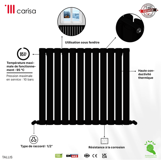 Carisa Tallis Termoarredo in Alluminio Orizzontale Design Moderno Nero 