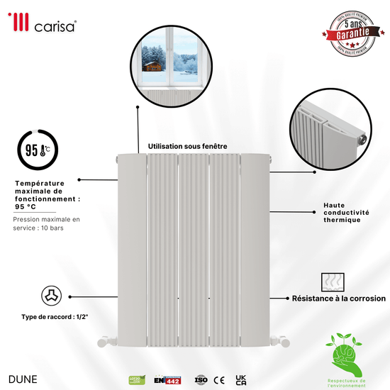 Carisa Dune Termoarredo Orizzontale in Alluminio Design Moderno Bianco 