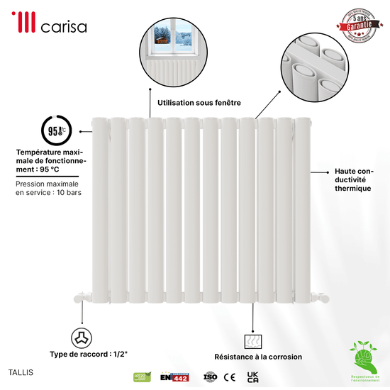 Termoarredo Orizzontale Carisa Tallis in Alluminio Design Moderno Bianco 