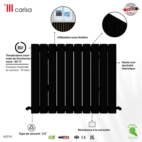 Carisa Vesta Termoarredo Orizzontale in Alluminio Design Moderno Nero 