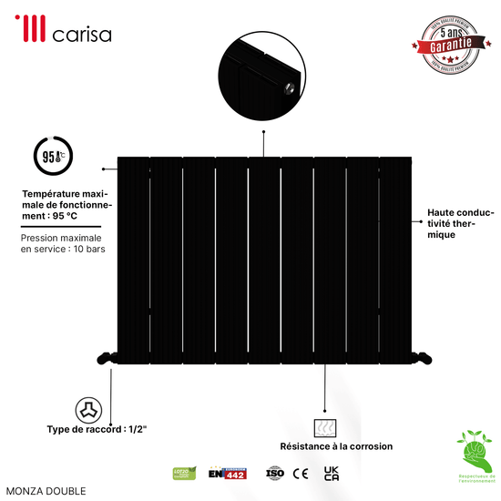 Radiatore Orizzontale Carisa Monza in Alluminio Design Moderno Nero 