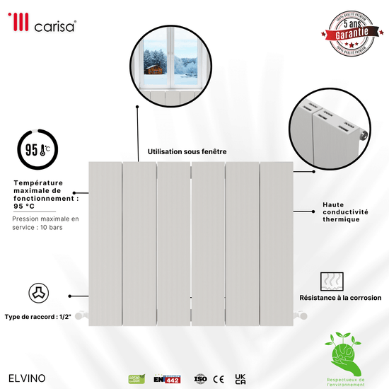 Carisa Elvino Termoarredo Orizzontale in Alluminio Design Moderno Bianco 