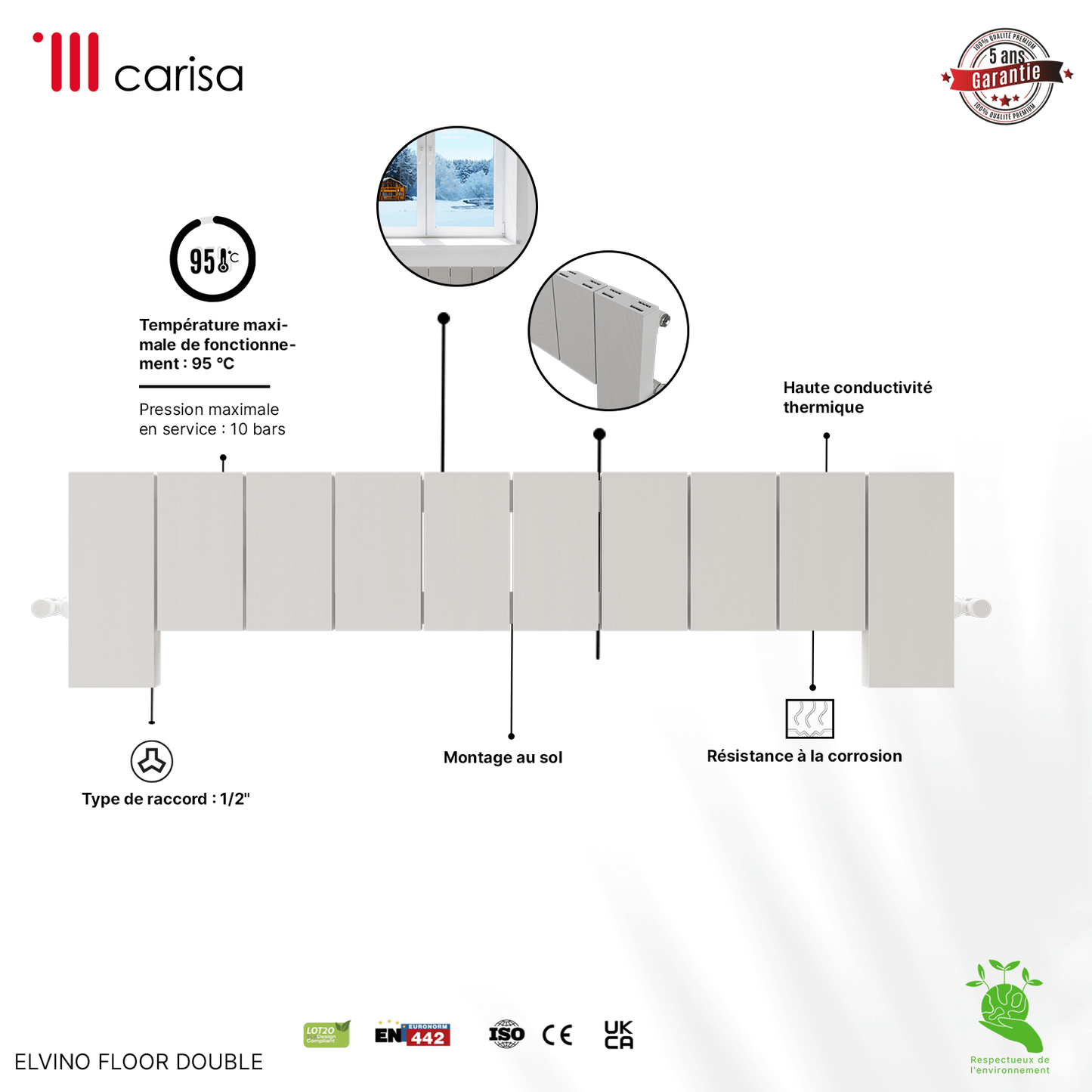 Carisa Elvino Termoarredo da Terra in Alluminio Orizzontale Design Moderno Bianco 
