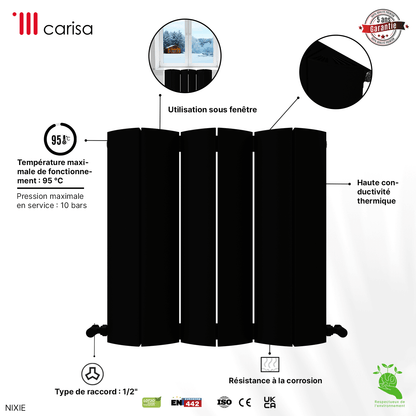 Carisa Nixie Termoarredo Orizzontale in Alluminio Design Moderno Nero 