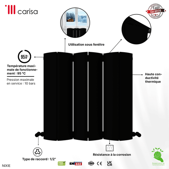 Carisa Nixie Termoarredo Orizzontale in Alluminio Design Moderno Nero 