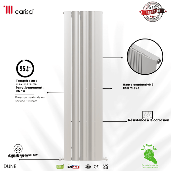 Carisa Dune Termoarredo Verticale in Alluminio Design Moderno Bianco 