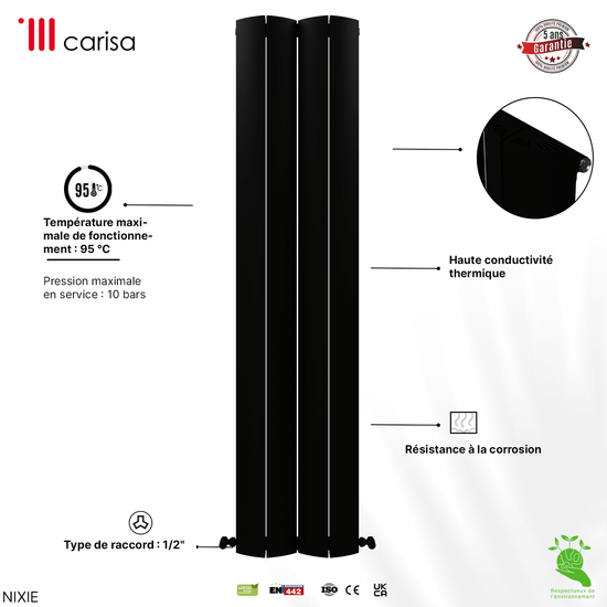 Carisa Nixie Termoarredo Verticale in Alluminio Design Moderno Nero 