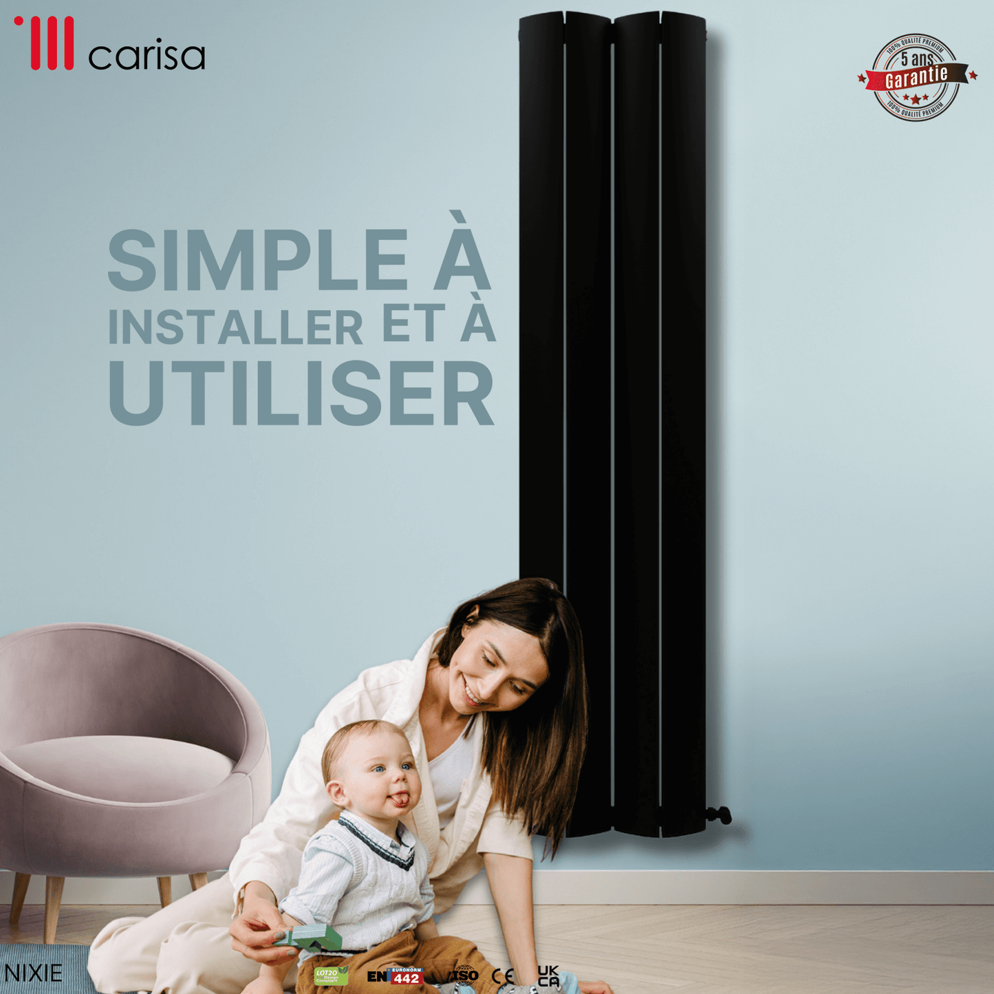 Carisa Nixie Termoarredo Verticale in Alluminio Design Moderno Nero 