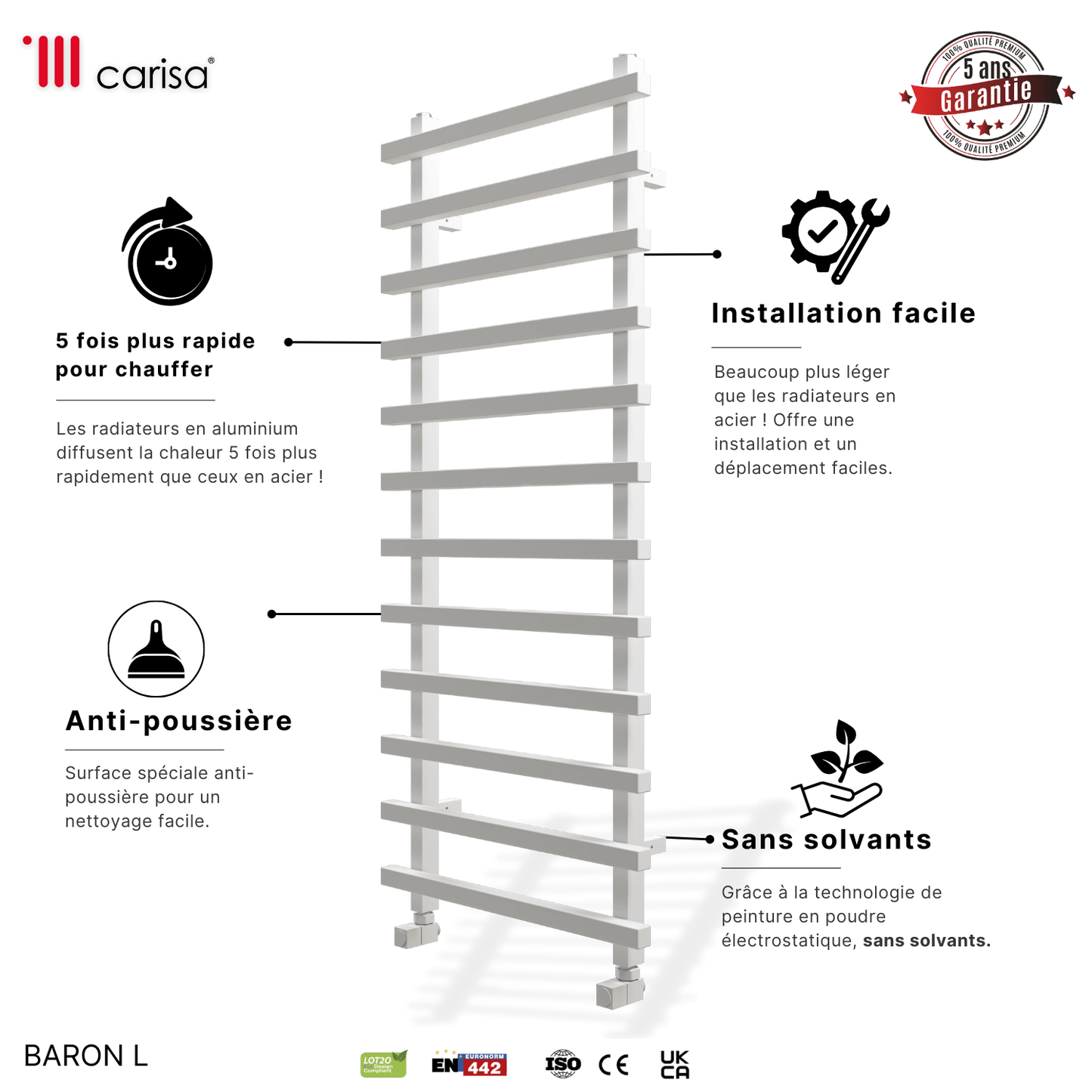 Scaldasalviette Carisa Baron L in Alluminio Design Moderno Bianco 