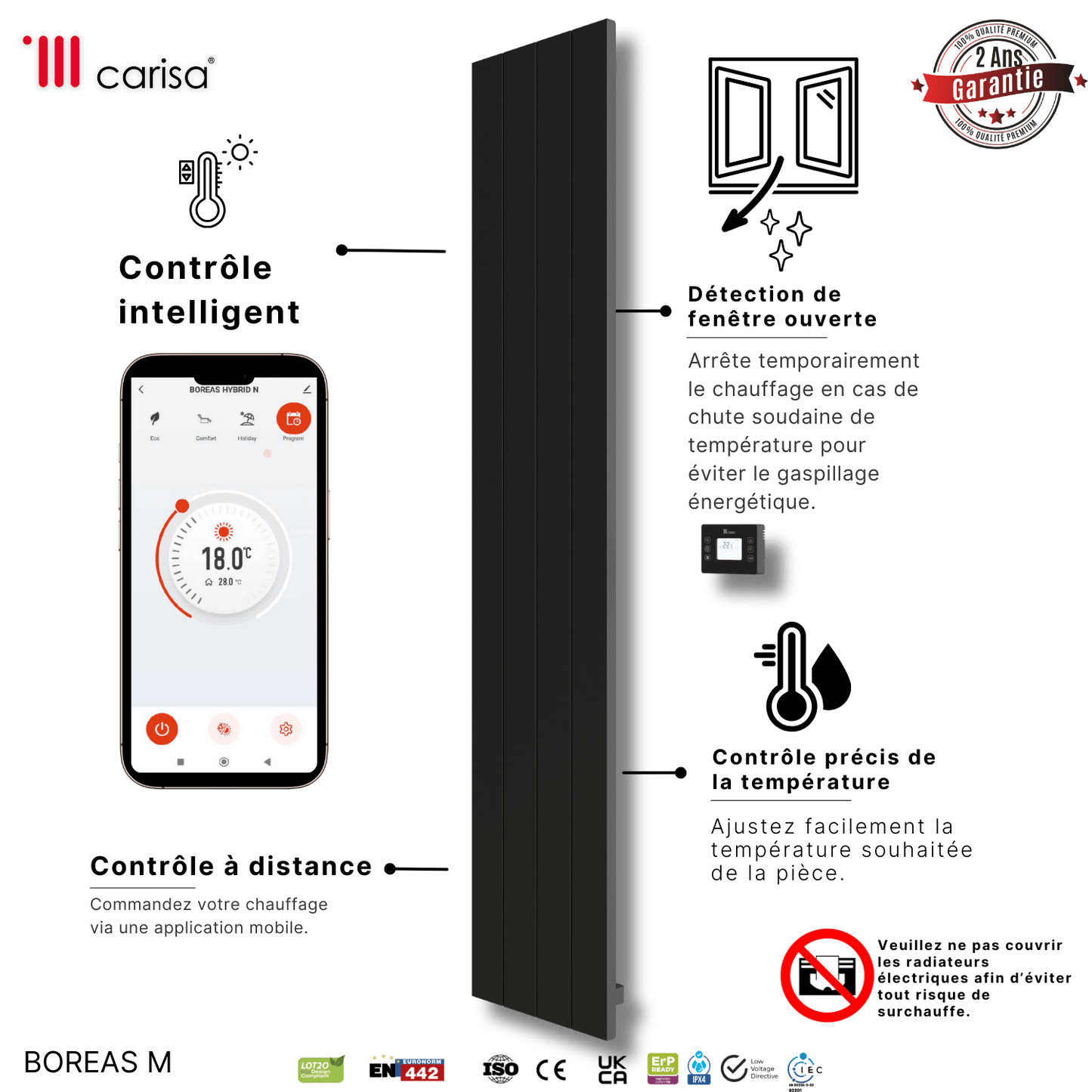 Termoarredo Elettrico Verticale Carisa Boreas M Design Moderno Nero 