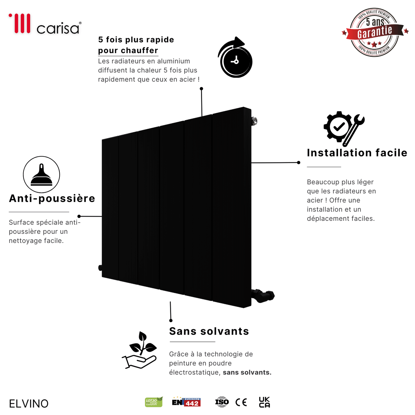 Carisa Elvino Termoarredo Orizzontale in Alluminio Design Moderno Nero 