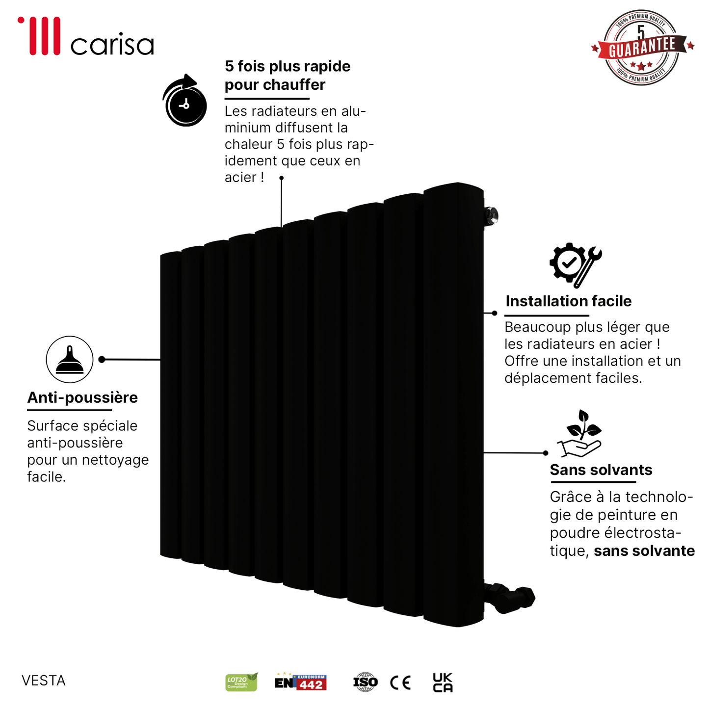 Carisa Vesta Termoarredo Orizzontale in Alluminio Design Moderno Nero 