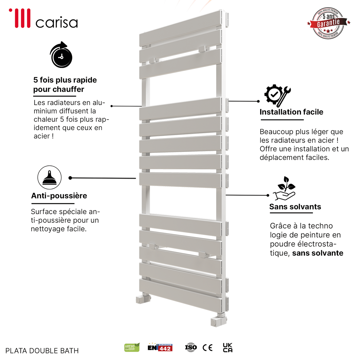 Scaldasalviette Doppio Bagno in Alluminio Carisa Plata Design Moderno Bianco 