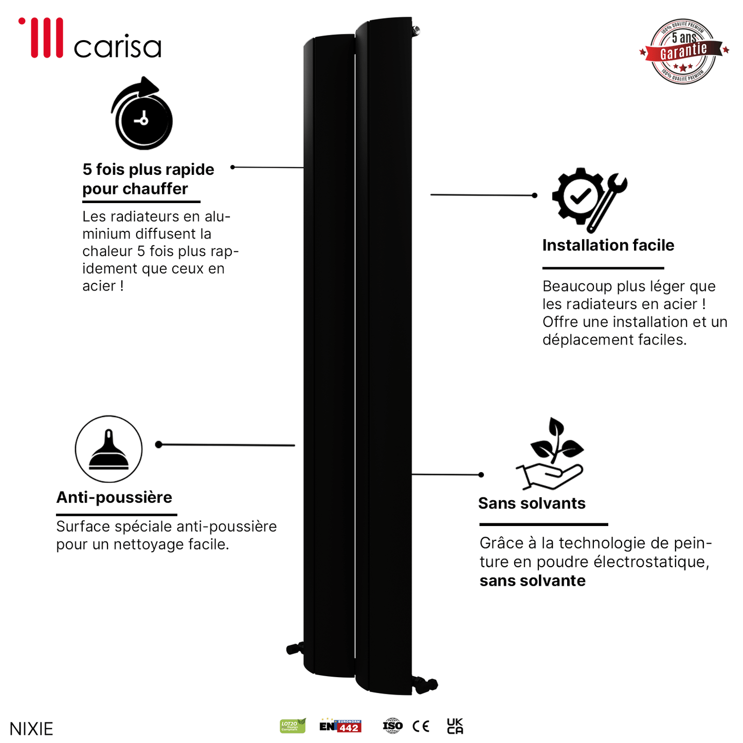 Carisa Nixie Termoarredo Verticale in Alluminio Design Moderno Nero 