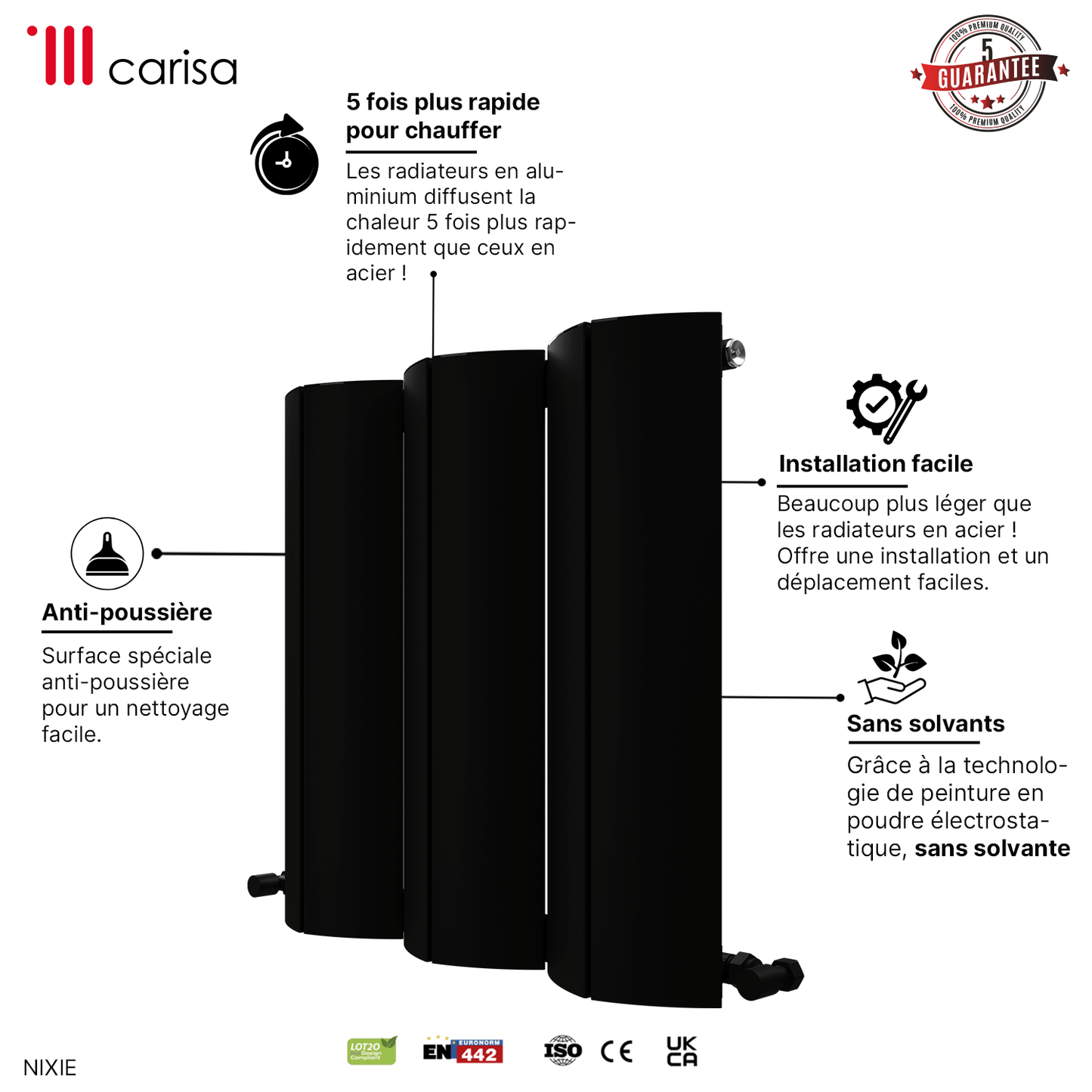 Carisa Nixie Termoarredo Orizzontale in Alluminio Design Moderno Nero 