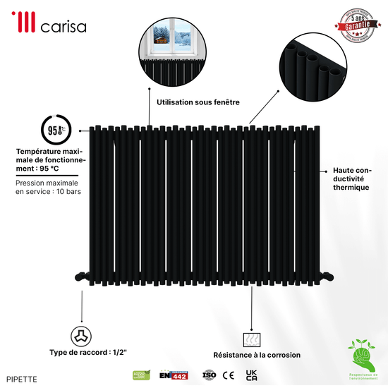 Radiatore Carisa Pipetta in Alluminio Orizzontale Design Moderno Antracite 